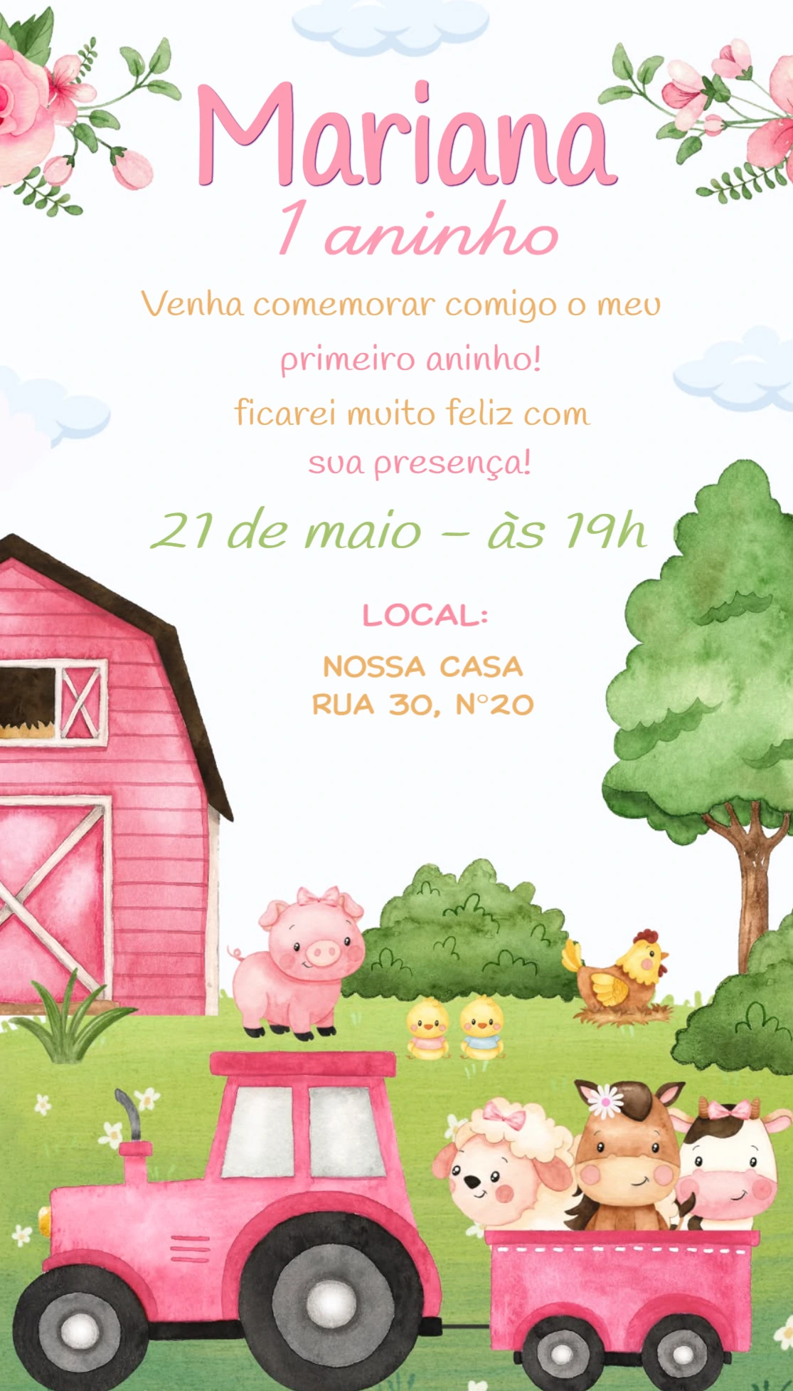 Convite de Aniversário Fazendinha Rosa Aquarela para Editar Convite de Aniversário Fazendinha Rosa Aquarela para Editar