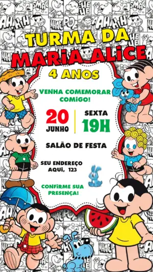 Convite Animado Aniversário Turma da Mônica Estilo Gibi Editável