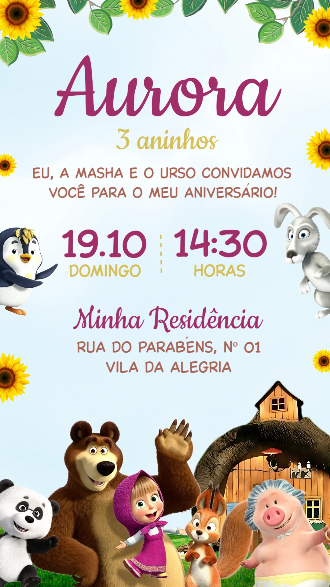 Convite de Aniversário Masha e o Urso Digital para Editar Convite de Aniversário Masha e o Urso Digital para Editar