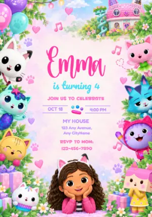 Gabby's Dollhouse Birthday Invitation | Gabby & Cats Party Template