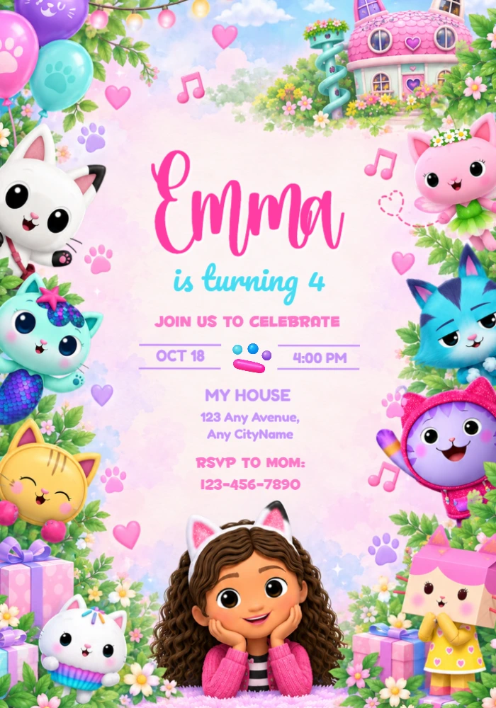 Gabby's Dollhouse Birthday Invitation | Gabby & Cats Party Template Gabby's Dollhouse Birthday Invitation | Gabby & Cats Party Template
