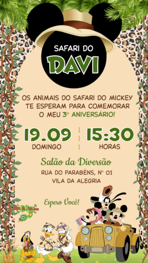 Convite de Aniversário Infantil Safari do Mickey Editável