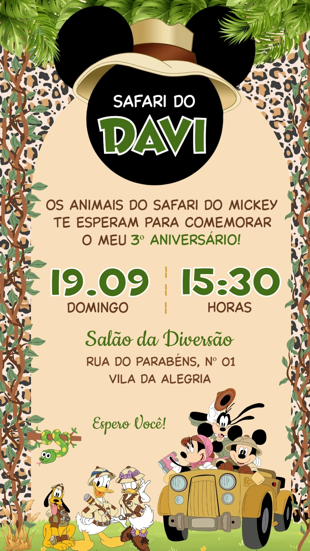 Convite de Aniversário Infantil Safari do Mickey Editável Convite de Aniversário Infantil Safari do Mickey Editável