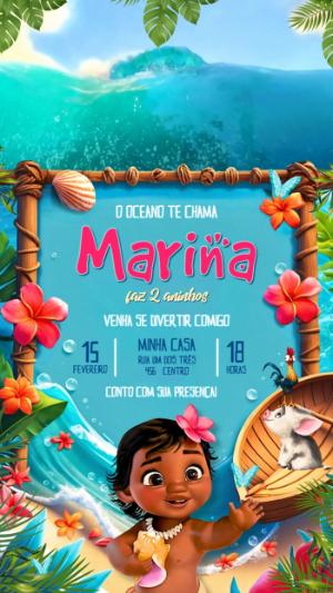 Convite Animado Moana Baby: Vídeo de Aniversário para Editar