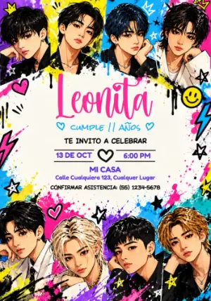 Invitación de Cumpleaños Stray Kids Estilo Anime Editable