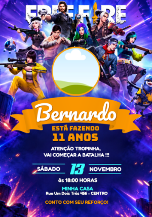 Convite Aniversário Free Fire com Foto Editável