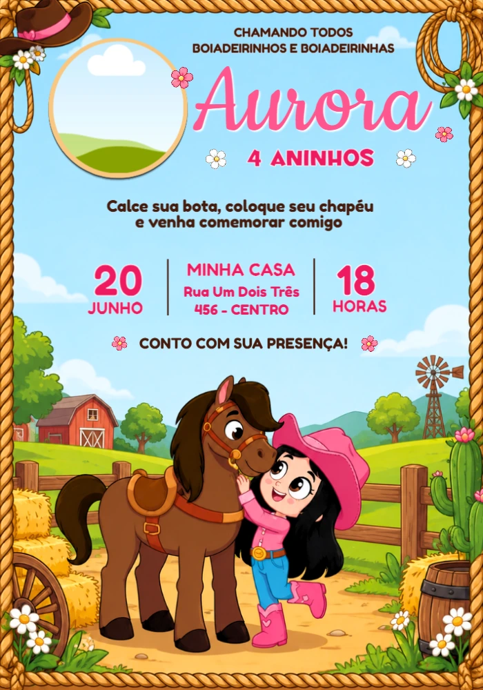 Convite de Aniversário Boiadeirinha com Foto Editável Convite de Aniversário Boiadeirinha com Foto Editável