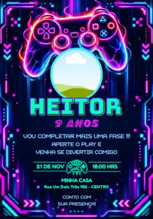 Convite de Aniversário Gamer com Foto para Editar