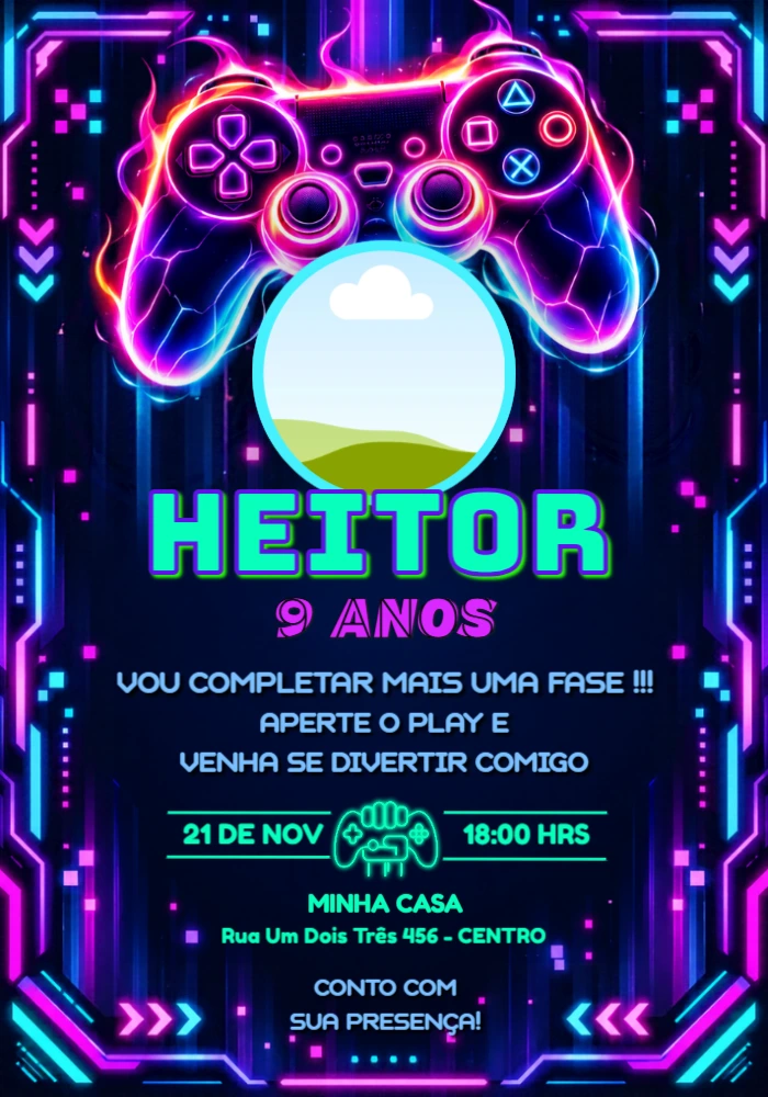 Convite de Aniversário Gamer com Foto para Editar Convite de Aniversário Gamer com Foto para Editar