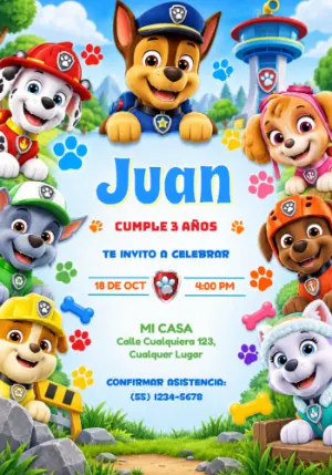Invitación de Cumpleaños Patrulla Canina: Equipo reunido para editar