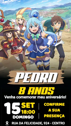 Convite de Aniversário KonoSuba Aventura em Grupo Editável