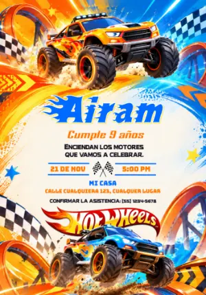 Invitación de Cumpleaños Hot Wheels Monster Trucks Editable