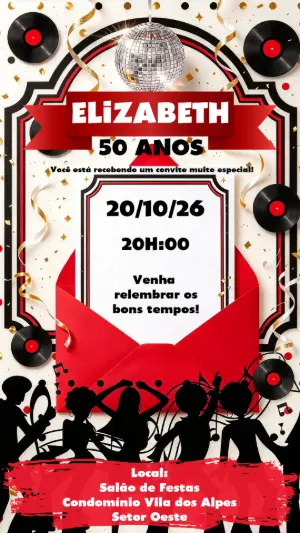 Convite de Aniversário Anos 60 e 70 Disco Editável