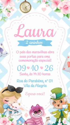 Convite de Aniversário Alice no País das Maravilhas Editável