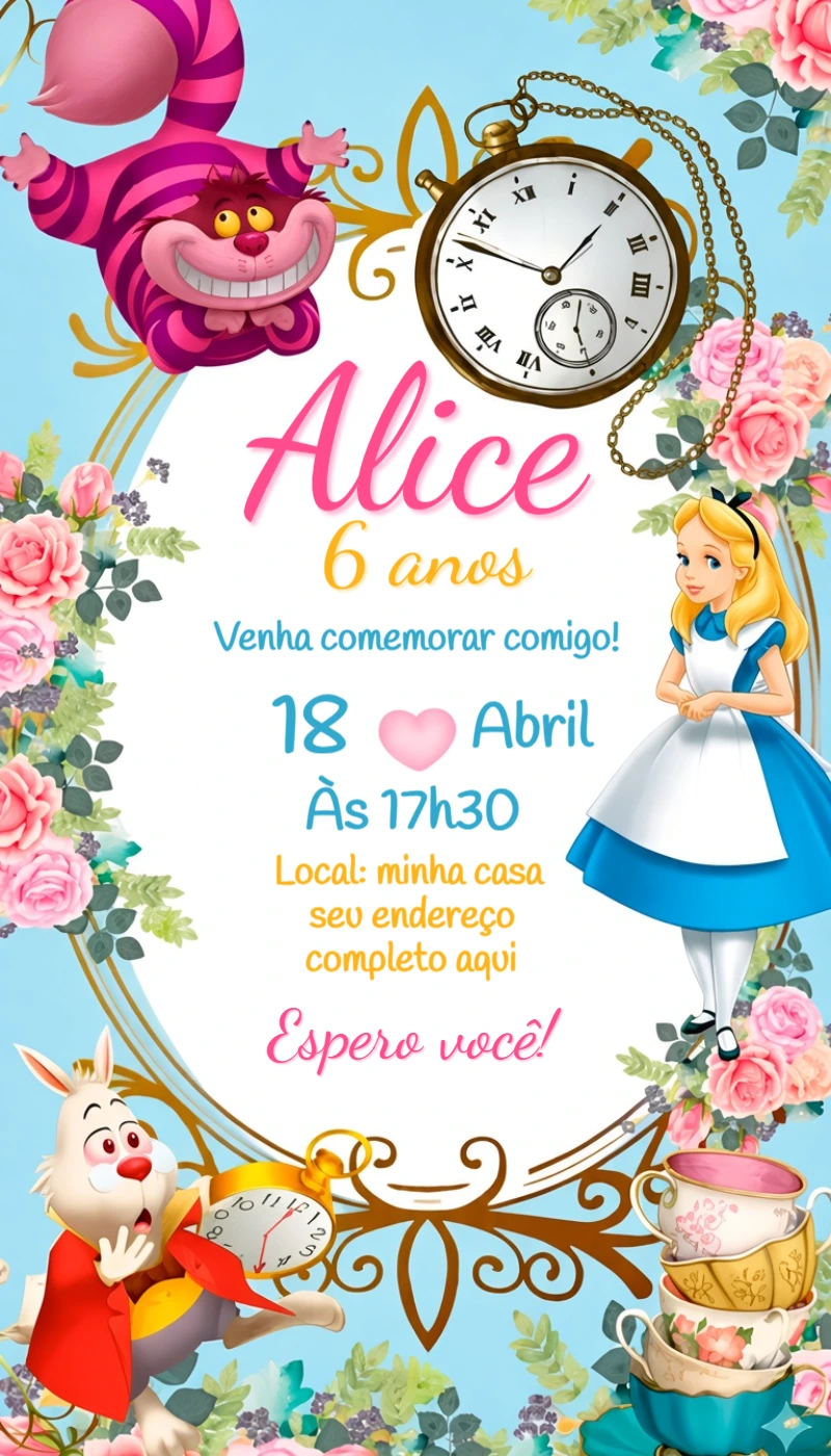 Convite de Aniversário Alice no País das Maravilhas Editável Convite de Aniversário Alice no País das Maravilhas Editável