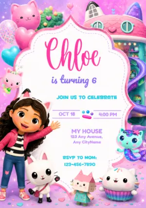 Gabby's Dollhouse Birthday Invitation with All Cats | Editable Template