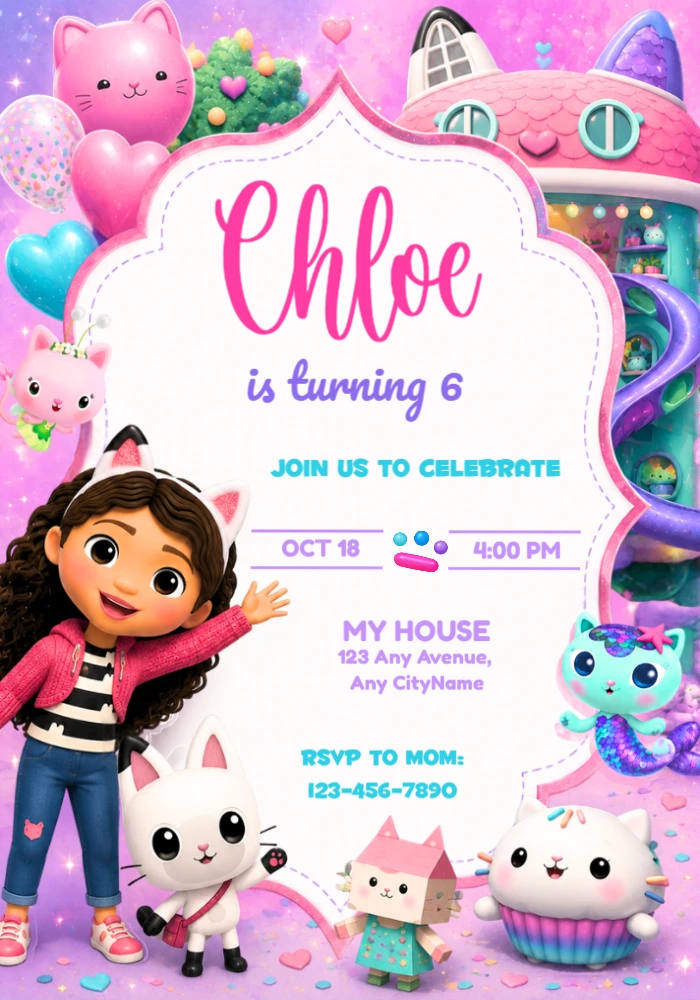 Gabby's Dollhouse Birthday Invitation with All Cats | Editable Template Gabby's Dollhouse Birthday Invitation with All Cats | Editable Template
