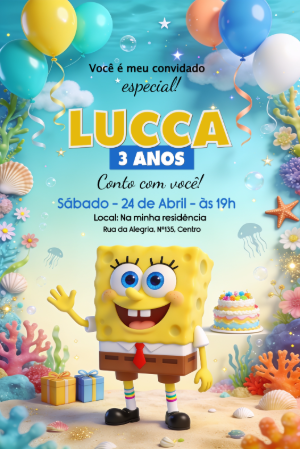 Convite Digital Bob Esponja Aniversário Infantil para Editar