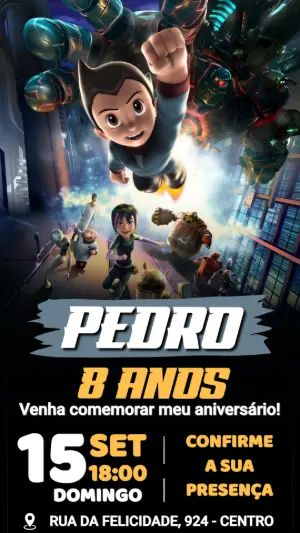 Convite de Aniversário Astro Boy: Modelo Digital Editável