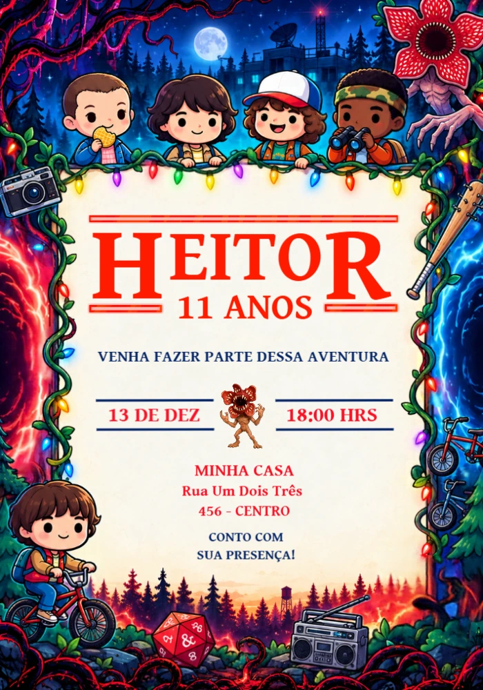 Convite de Aniversário Stranger Things: Modelo Editável Convite de Aniversário Stranger Things: Modelo Editável