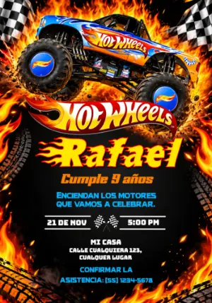 Invitación Cumpleaños Hot Wheels Monster Truck en Llamas para Editar