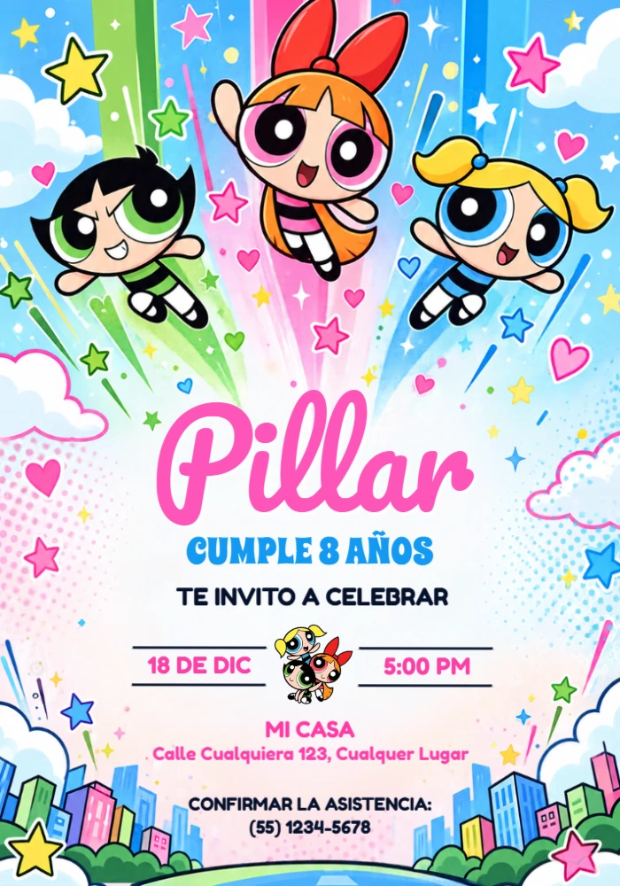 Invitación de Cumpleaños Las Chicas Superpoderosas Editable Invitación de Cumpleaños Las Chicas Superpoderosas Editable