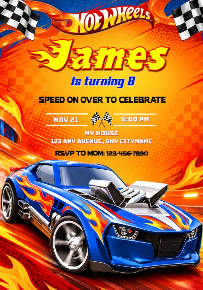 Hot Wheels Birthday Invitation with Flaming Car for Editing Hot Wheels Birthday Invitation with Flaming Car for Editing