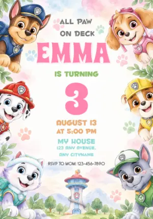 Editable Paw Patrol Invitation with Watercolor Pups