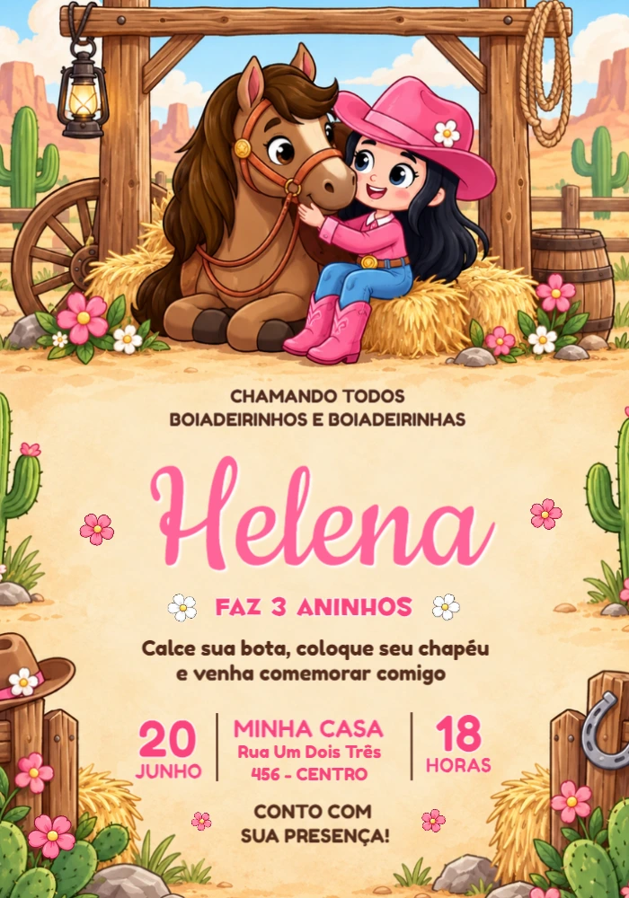 Convite de Aniversário Boiadeirinha para Editar Convite de Aniversário Boiadeirinha para Editar