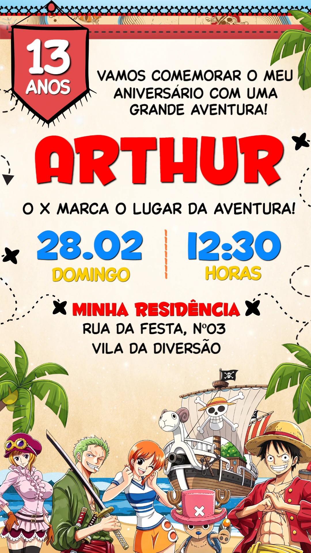 Convite de Aniversário One Piece com a Tripulação Editável Convite de Aniversário One Piece com a Tripulação Editável