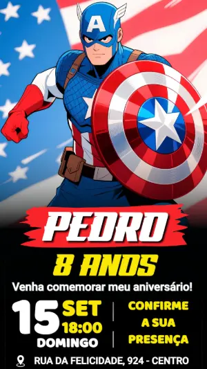Convite de Aniversário Capitão América: Modelo Digital Editável