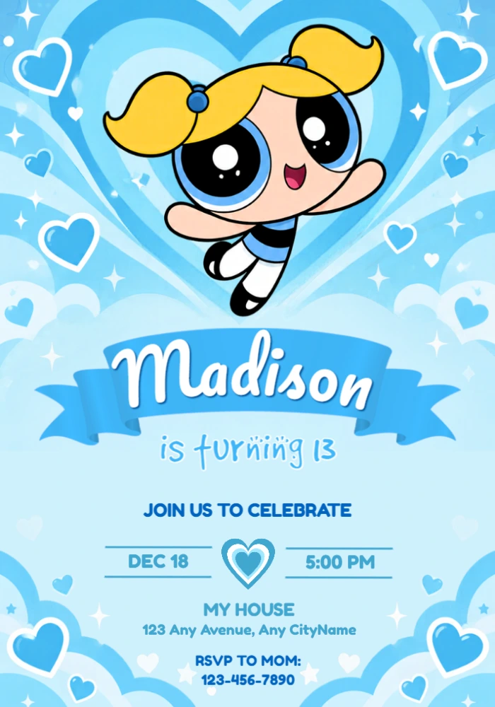 Bubbles Powerpuff Girls Editable Birthday Invitation Bubbles Powerpuff Girls Editable Birthday Invitation