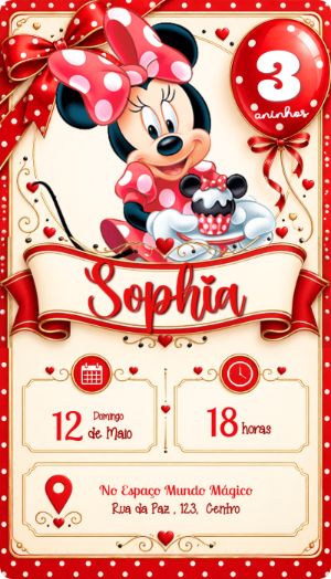 Convite de Aniversário Minnie Vermelha Editável