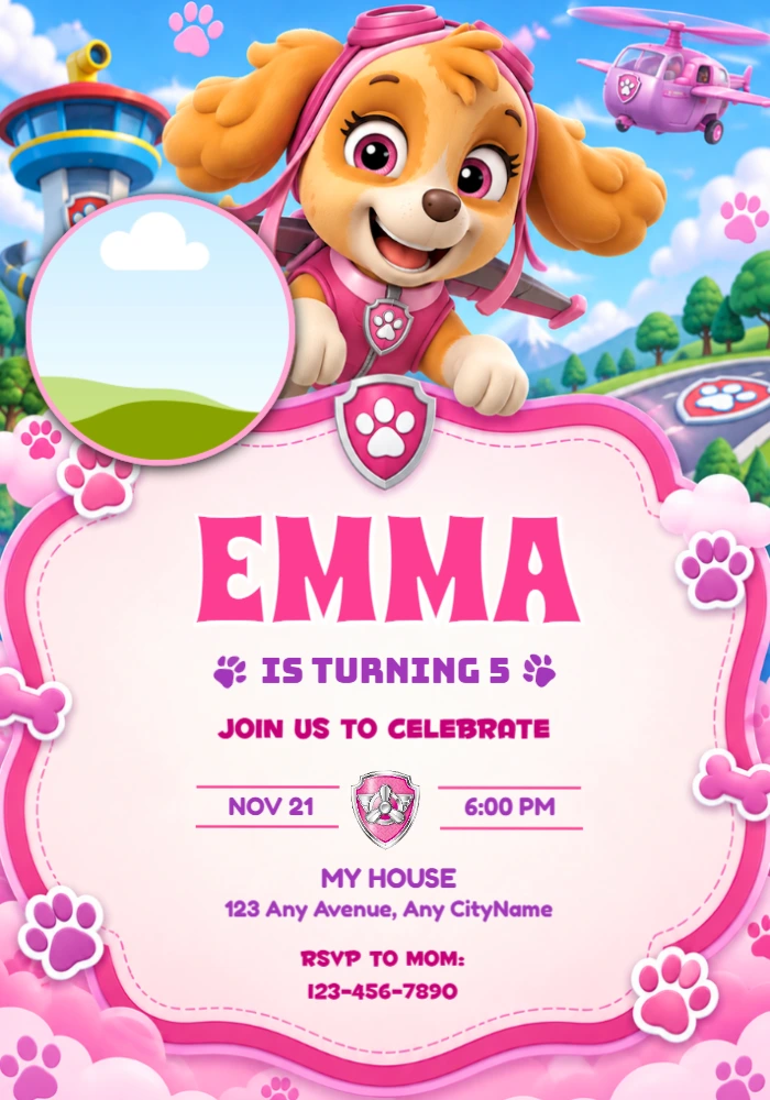 Editable Skye Paw Patrol Birthday Invitation with Photo Editable Skye Paw Patrol Birthday Invitation with Photo