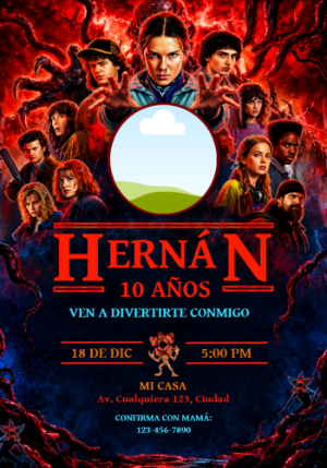 Invitación de Cumpleaños Stranger Things con Foto Editable
