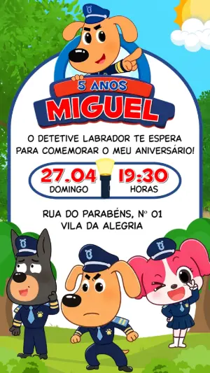 Convite de Aniversário Detetive Labrador Equipe para Editar