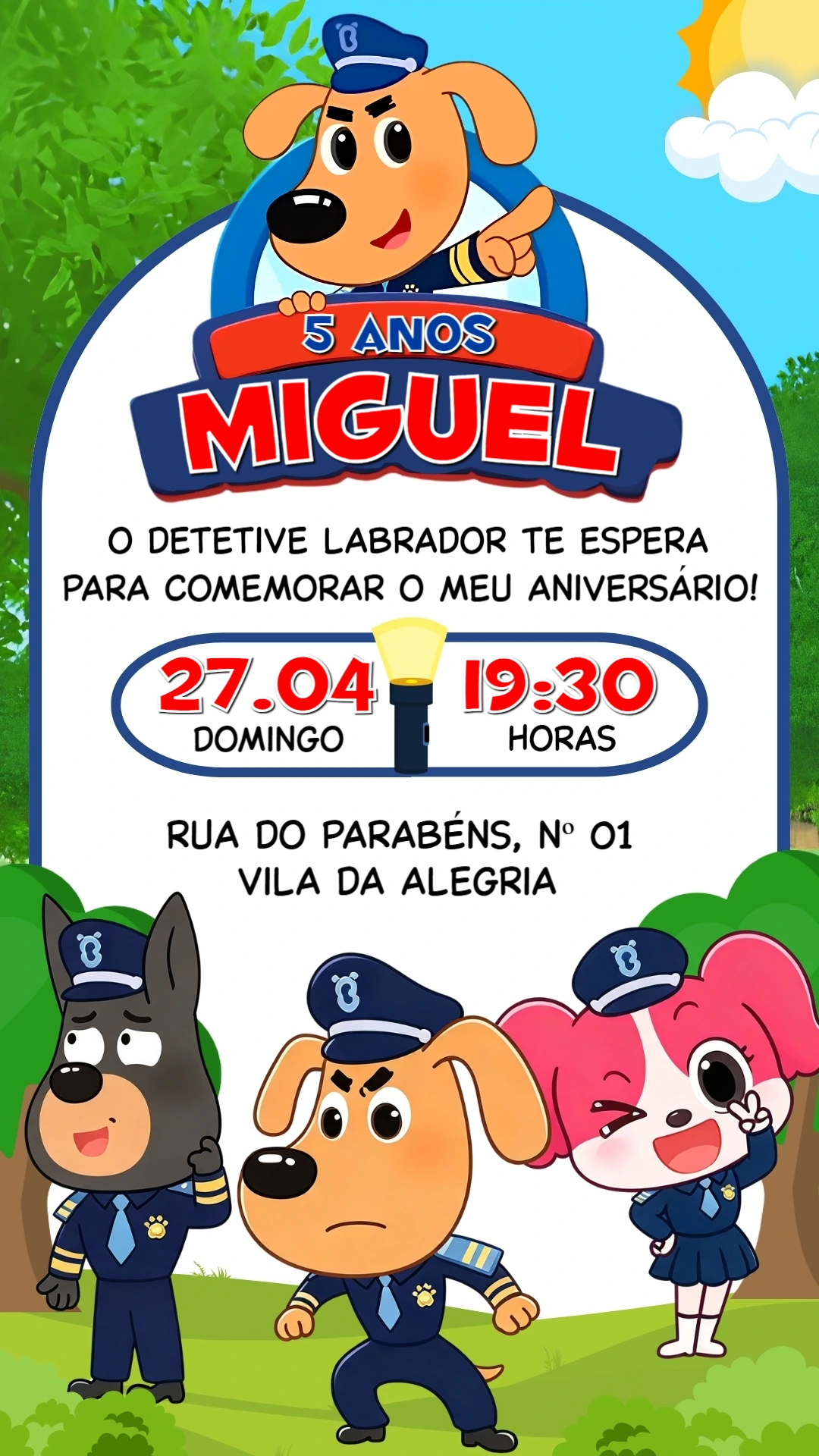 Convite de Aniversário Detetive Labrador Equipe para Editar Convite de Aniversário Detetive Labrador Equipe para Editar