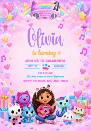 Gabby's Dollhouse Birthday Invitation with Musical Cats to Edit