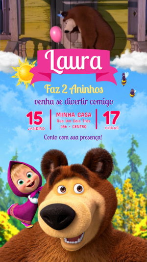 Convite Animado Masha e o Urso: Vídeo de Aniversário Editável