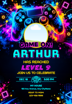 Neon Gamer Birthday Invitation | Editable Digital Template