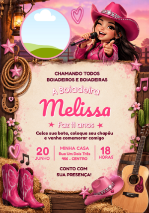 Convite de Aniversário Boiadeira Rosa Editável Online