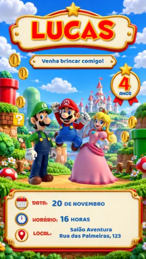 Invitación de cumpleaños Super Mario – Estático – Janeiro 