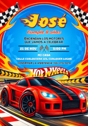 Invitación de Cumpleaños Hot Wheels Carrera de Alta Velocidad Editable