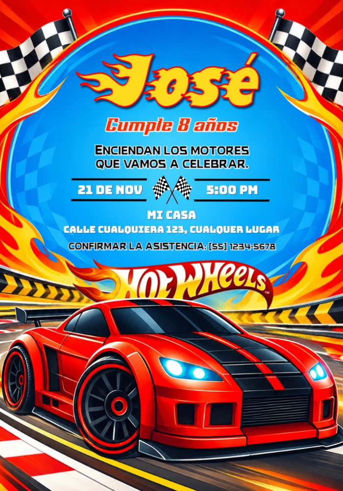 Invitación de Cumpleaños Hot Wheels Carrera de Alta Velocidad Editable Invitación de Cumpleaños Hot Wheels Carrera de Alta Velocidad Editable