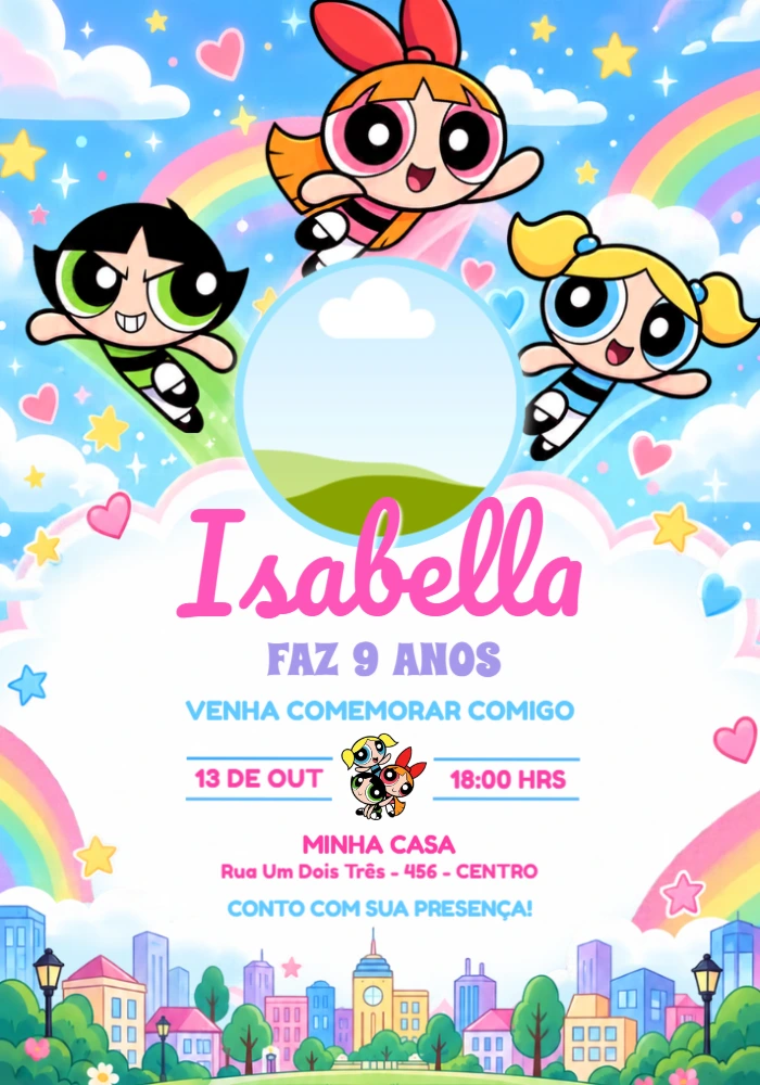 Convite de Aniversário Meninas Super Poderosas com Foto Editável Convite de Aniversário Meninas Super Poderosas com Foto Editável