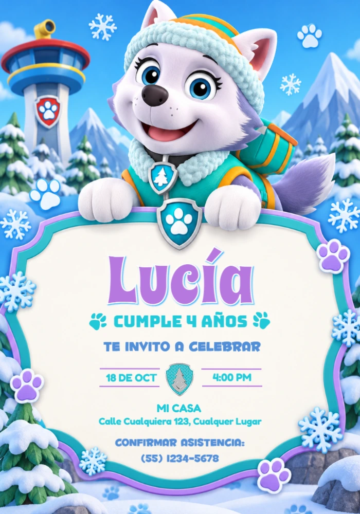 Invitación de Cumpleaños Everest Patrulla Canina en la Nieve Editable Invitación de Cumpleaños Everest Patrulla Canina en la Nieve Editable
