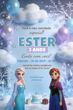 Convite de Aniversário Frozen Editável com Elsa e Anna