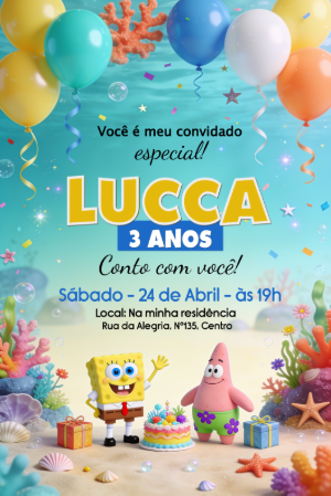 Convite de Aniversário Bob Esponja: Modelo Digital para Editar