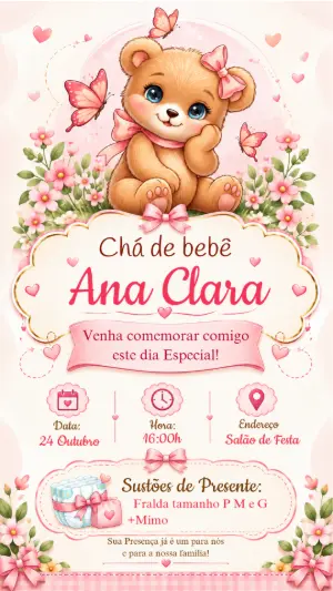 Convite Chá de Bebê Ursinha Rosa Editável para Menina