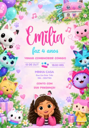 Convite de Aniversário A Casa Mágica da Gabby e Gatos Editável